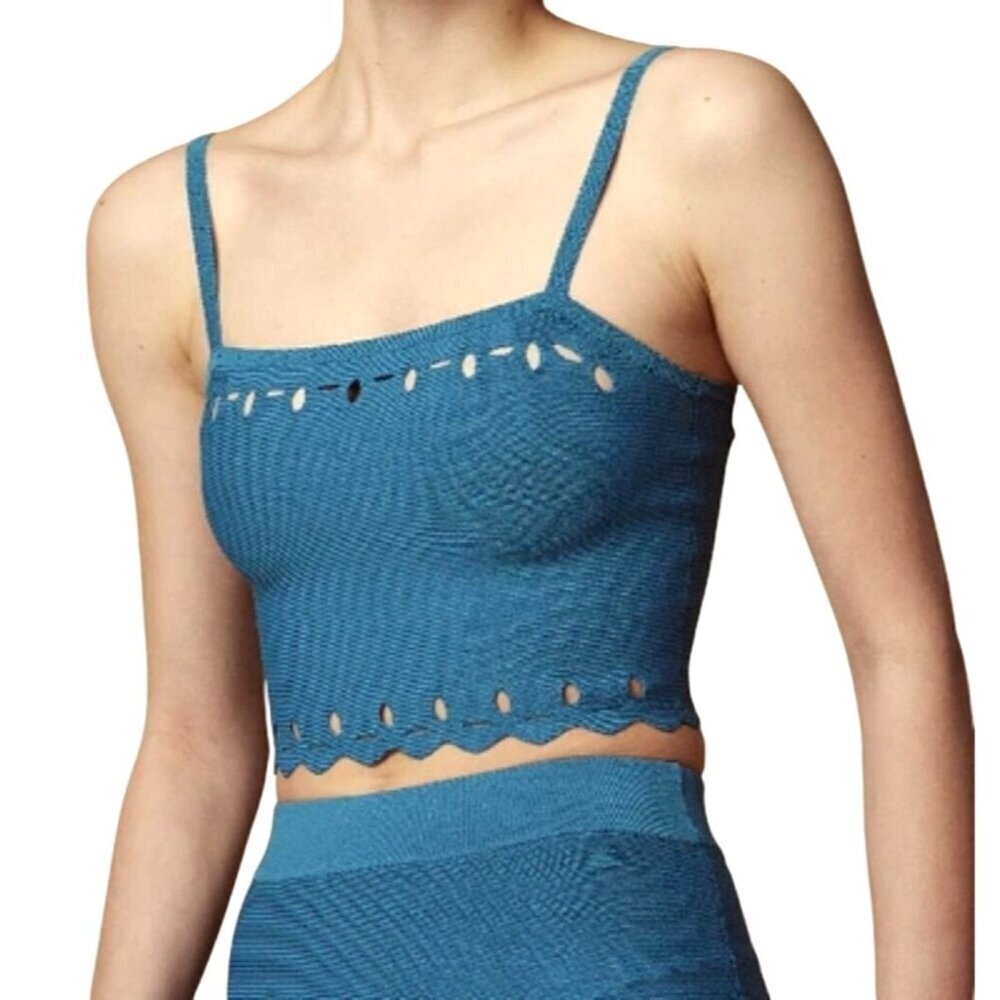 Sandro Tank Top Small Teal Blue Fine Knit Cut Out Detail Scalloped Hem Cami Top